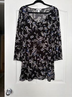 White House Black Market Black Floral Tunic Dress with Blue and Gray Accents